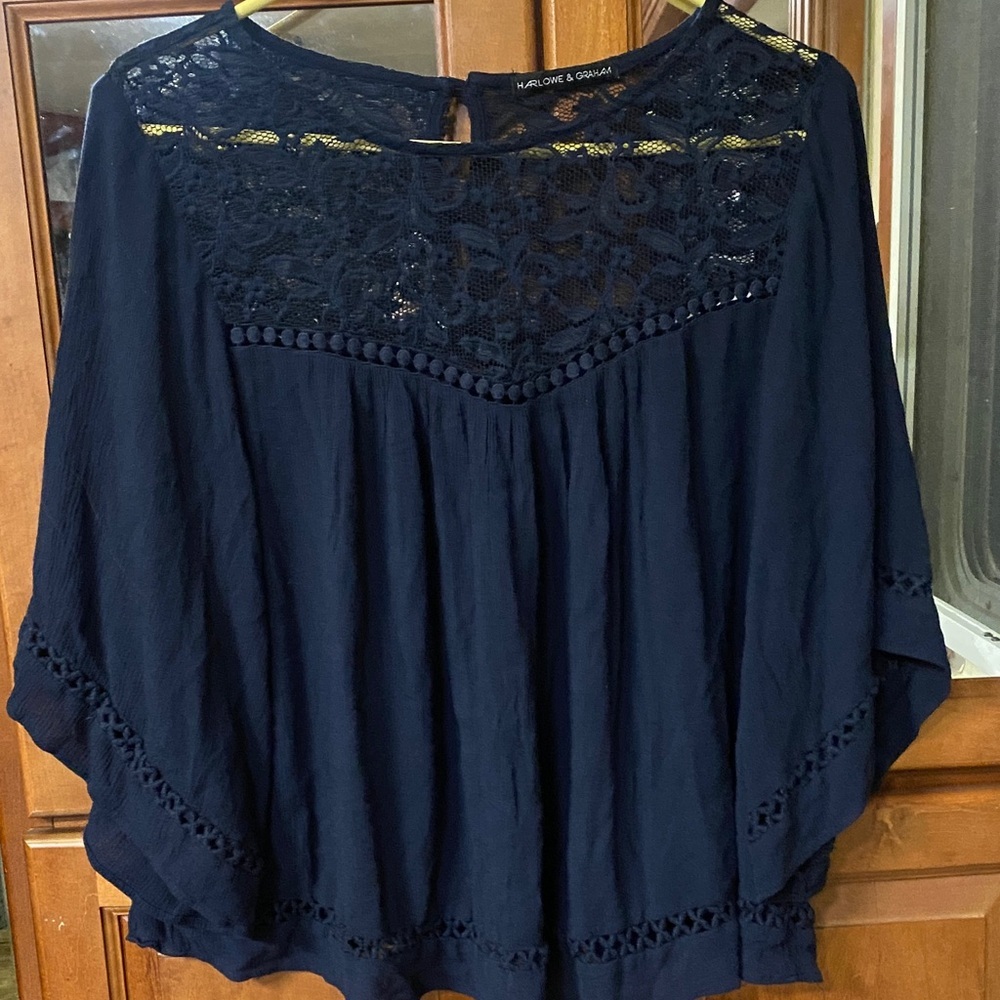 Oversized Navy/Black Lace Detail Size Medium Lagenlook Blouse Fall Flowy